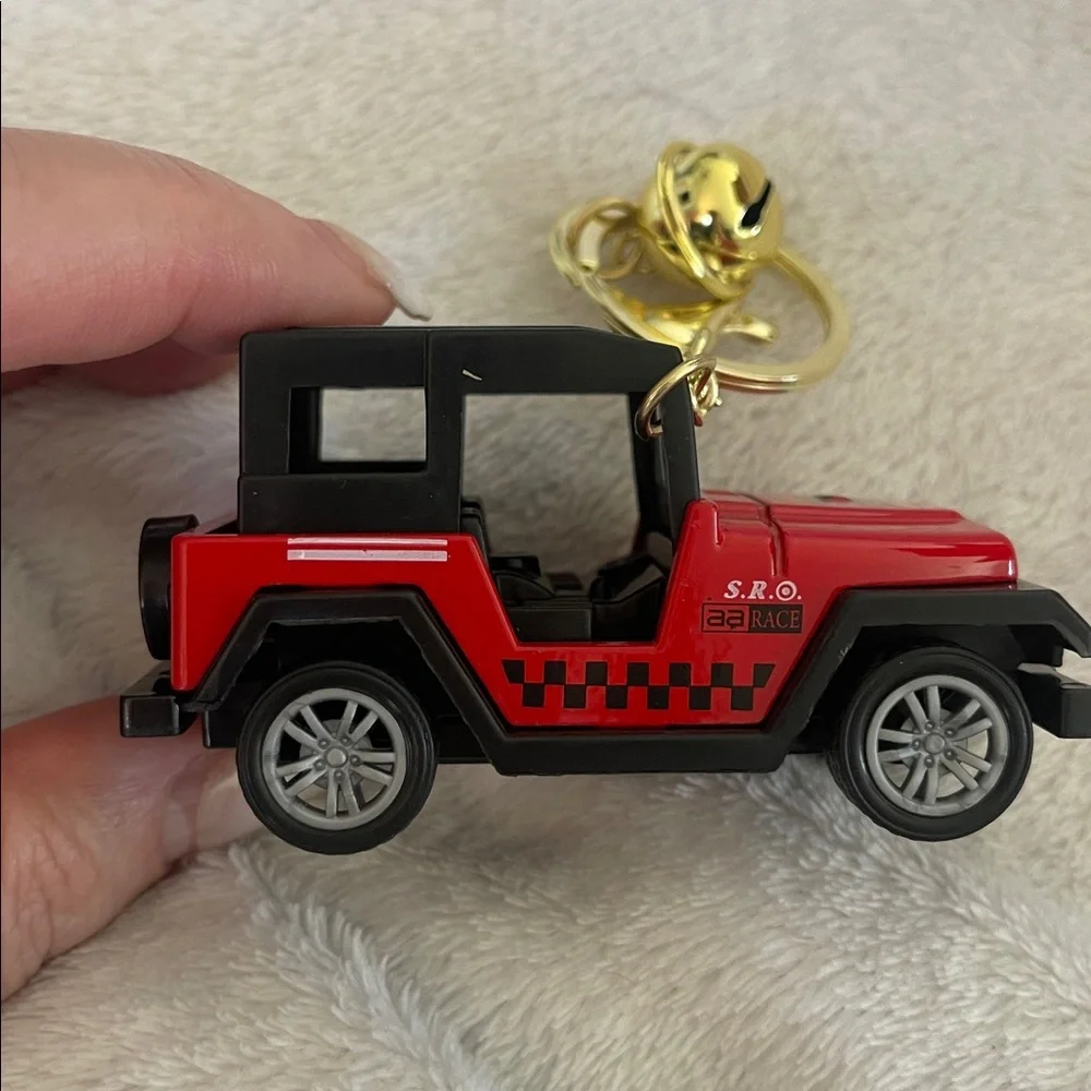 Red and Black Toy Jeep Keychain new with purse clip and bell charm